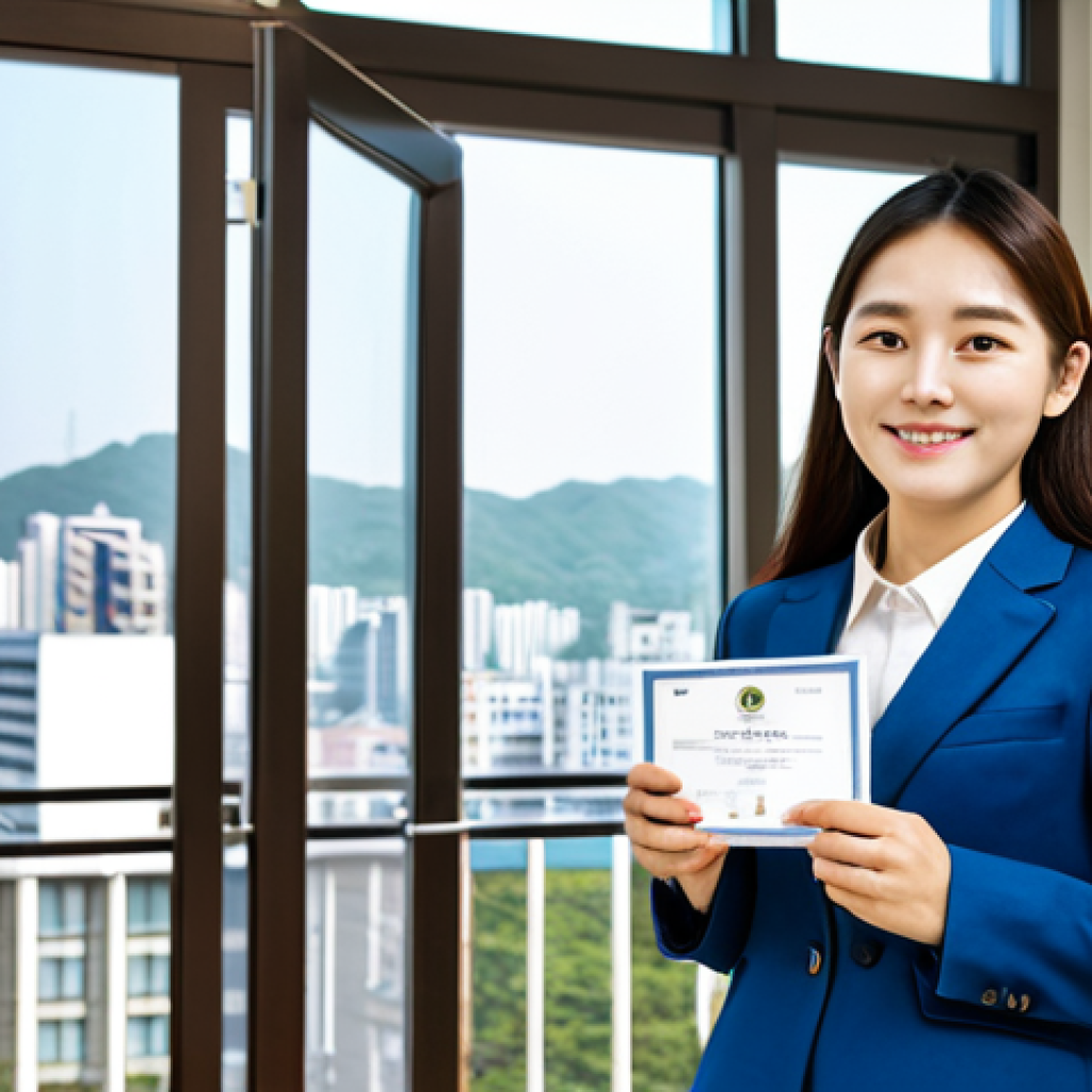 A professional Korean language student, fully clothed in a modest, modern business casual outfit, stands confidently holding a TOPIK (Test of Proficiency in Korean) certificate in a brightly lit, contemporary university administrative office in Seoul. Behind her, a sleek, open doorway leads to a blurred, aspirational view of a vibrant South Korean cityscape, symbolizing opportunity. The atmosphere is positive and welcoming. Perfect anatomy, correct proportions, well-formed hands, natural pose, professional photography, high quality, safe for work, appropriate content, family-friendly.