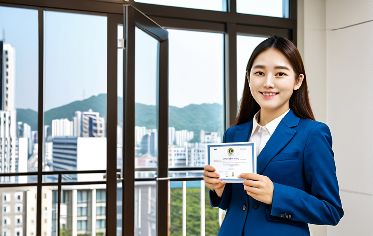 A professional Korean language student, fully clothed in a modest, modern business casual outfit, stands confidently holding a TOPIK (Test of Proficiency in Korean) certificate in a brightly lit, contemporary university administrative office in Seoul. Behind her, a sleek, open doorway leads to a blurred, aspirational view of a vibrant South Korean cityscape, symbolizing opportunity. The atmosphere is positive and welcoming. Perfect anatomy, correct proportions, well-formed hands, natural pose, professional photography, high quality, safe for work, appropriate content, family-friendly.