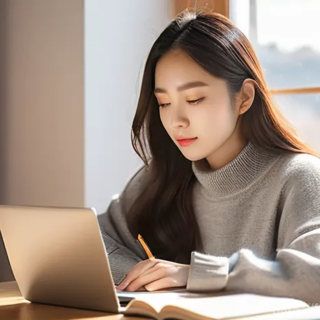 TOPIK 자격증으로 프리랜서 도전하기 - **Prompt:** A young woman in her early twenties, dressed in a cozy, modest sweater and jeans, is sit...