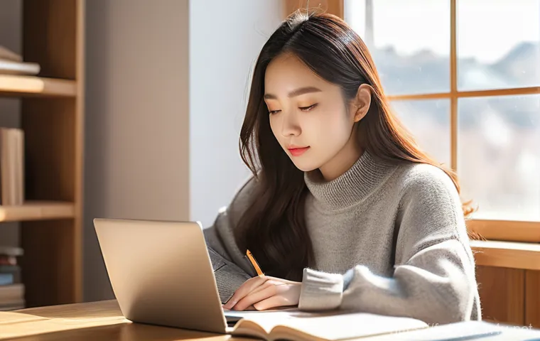 TOPIK 자격증으로 프리랜서 도전하기 - **Prompt:** A young woman in her early twenties, dressed in a cozy, modest sweater and jeans, is sit...