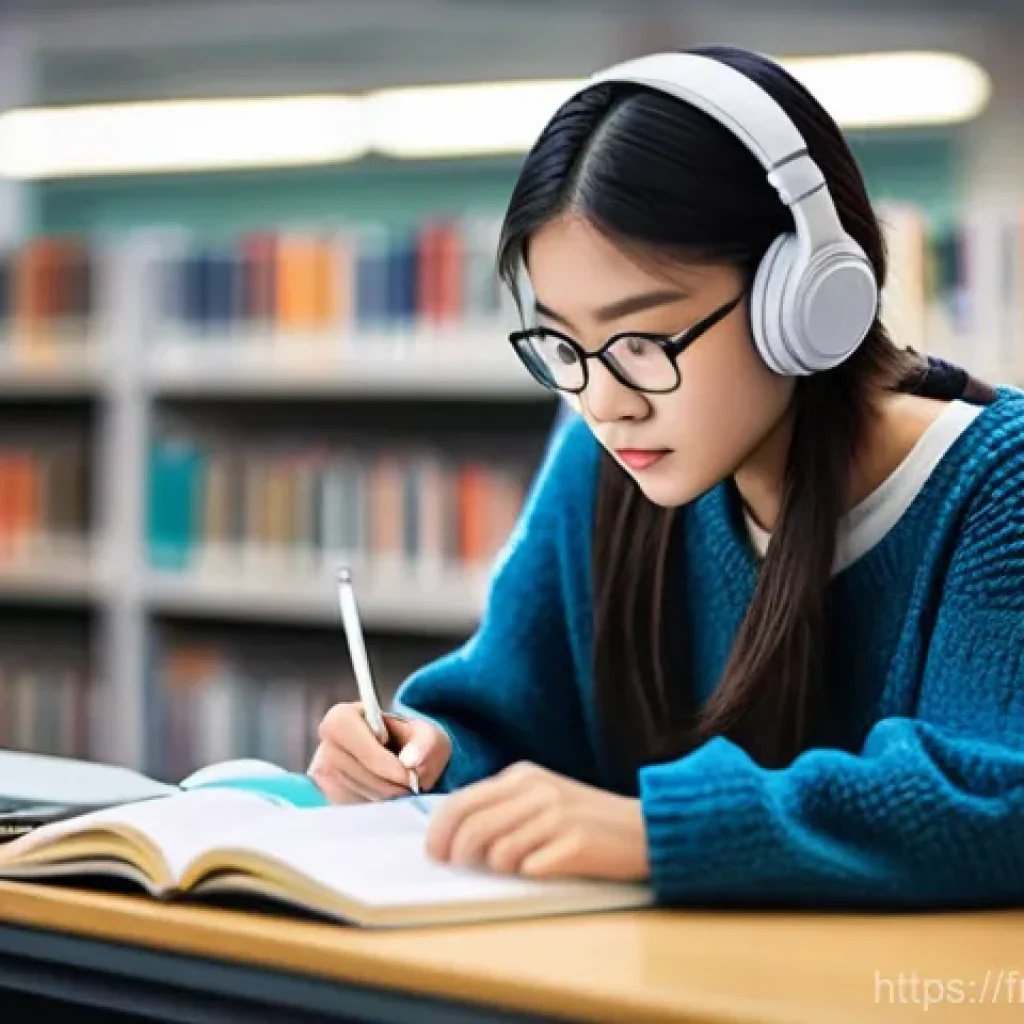TOPIK 듣기시험 추천 교재 - A young East Asian female student, around 20 years old, diligently studying for an exam in a brightl...