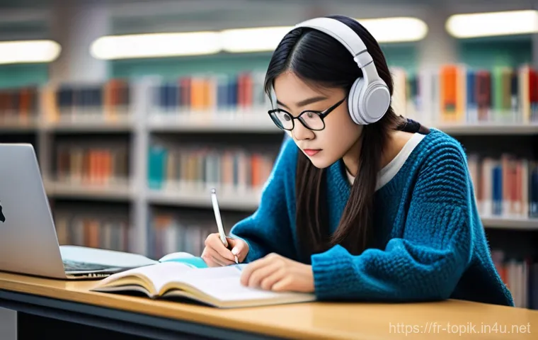 TOPIK 듣기시험 추천 교재 - A young East Asian female student, around 20 years old, diligently studying for an exam in a brightl...