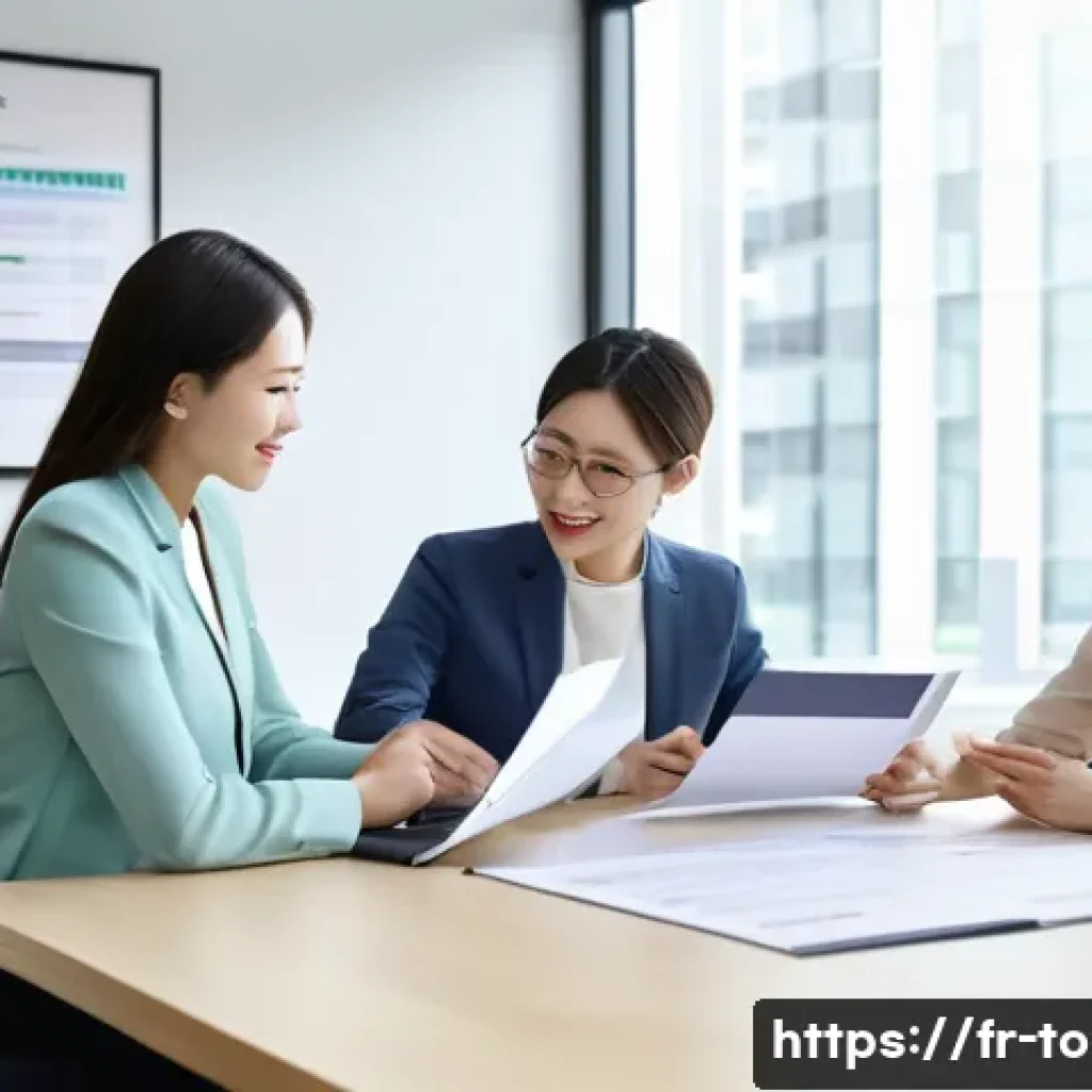 TOPIK 자격증으로 직장 내 인정 받기 - A modern office scene showing a diverse group of professionals collaborating around a conference tab...