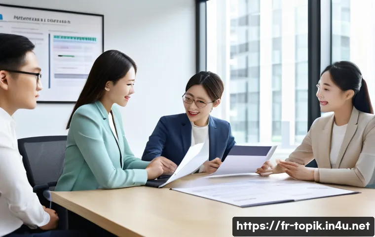 TOPIK 자격증으로 직장 내 인정 받기 - A modern office scene showing a diverse group of professionals collaborating around a conference tab...