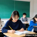 TOPIK 시험의 중요성 - A modern university classroom scene in Paris, filled with diverse French students attentively studyi...