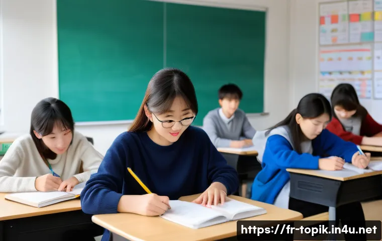 TOPIK 시험의 중요성 - A modern university classroom scene in Paris, filled with diverse French students attentively studyi...