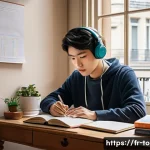 TOPIK 초보자가 알아야 할 필수사항 - A focused French learner sitting at a cozy modern desk in a bright Parisian apartment, surrounded by...