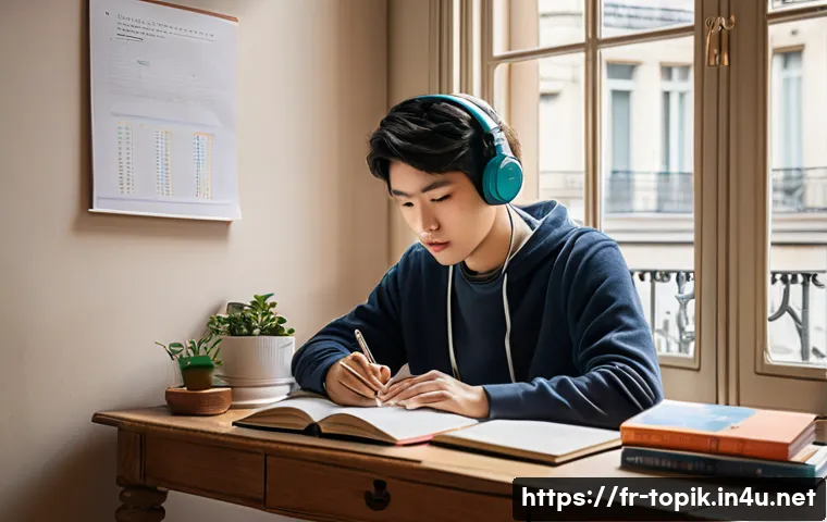 TOPIK 초보자가 알아야 할 필수사항 - A focused French learner sitting at a cozy modern desk in a bright Parisian apartment, surrounded by...