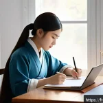 TOPIK 필기시험 고득점 비법 - A focused French student studying for the TOPIK exam at a cozy home desk, surrounded by thematic Kor...
