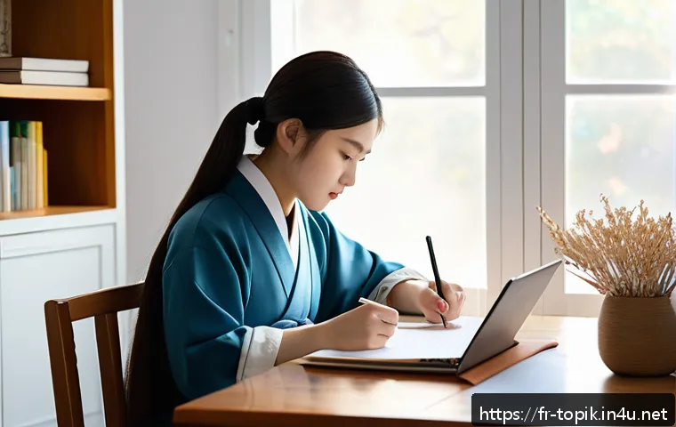 TOPIK 필기시험 고득점 비법 - A focused French student studying for the TOPIK exam at a cozy home desk, surrounded by thematic Kor...
