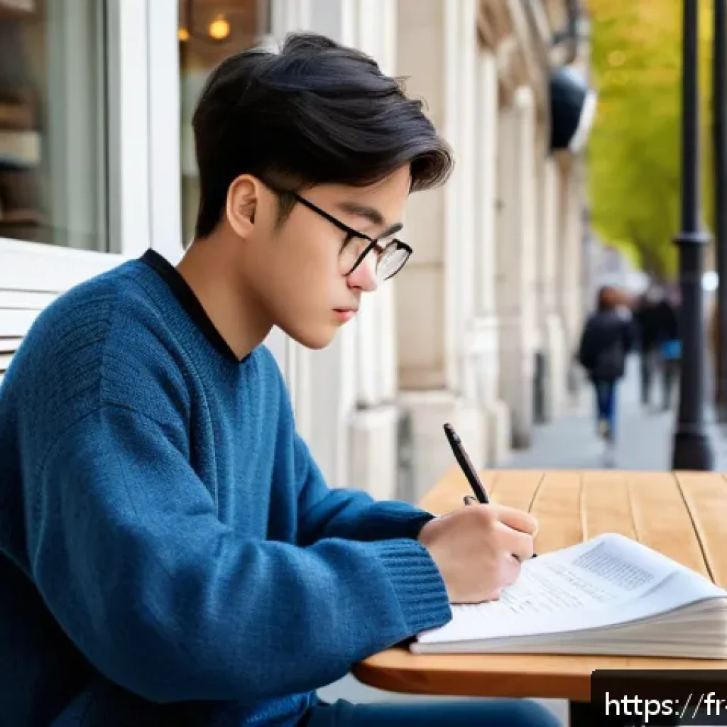 TOPIK 시험 난이도 분석 - A focused young adult French student sitting at a cozy caf&eacute; table in Paris, surrounded by Korean lan...