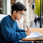 TOPIK 시험 난이도 분석 - A focused young adult French student sitting at a cozy caf&eacute; table in Paris, surrounded by Korean lan...