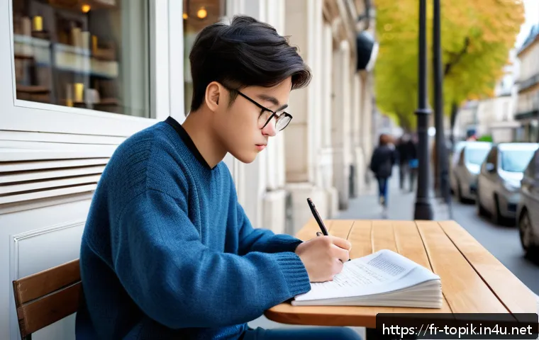 TOPIK 시험 난이도 분석 - A focused young adult French student sitting at a cozy caf&eacute; table in Paris, surrounded by Korean lan...