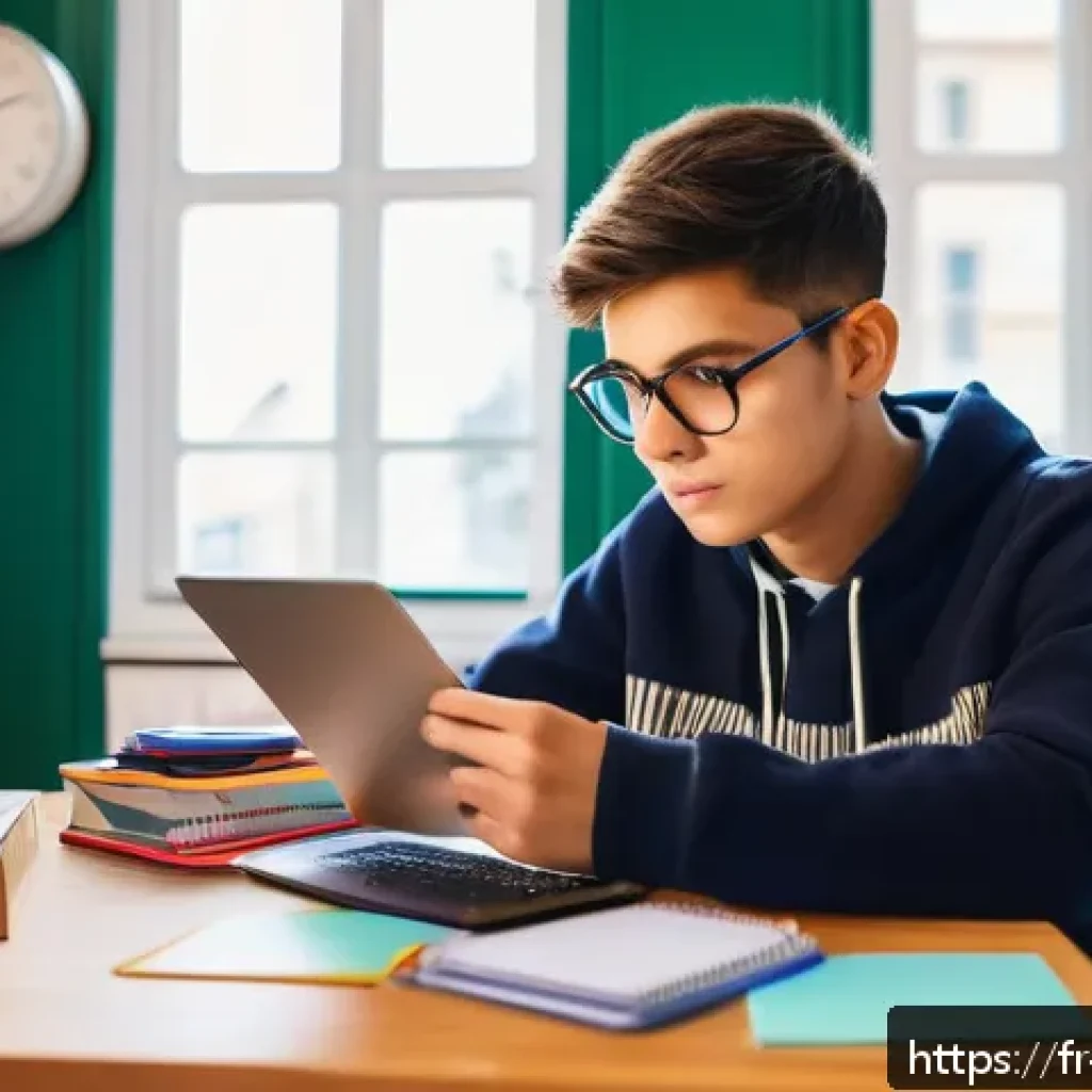 TOPIK 중급 합격 팁 - A focused French student in a cozy modern study room, sitting at a wooden desk with a laptop, textbo...