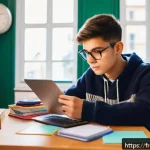 TOPIK 중급 합격 팁 - A focused French student in a cozy modern study room, sitting at a wooden desk with a laptop, textbo...