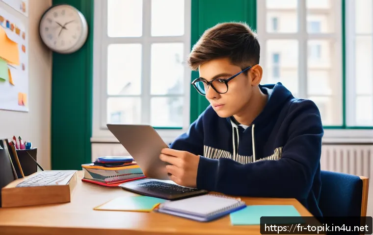 TOPIK 중급 합격 팁 - A focused French student in a cozy modern study room, sitting at a wooden desk with a laptop, textbo...
