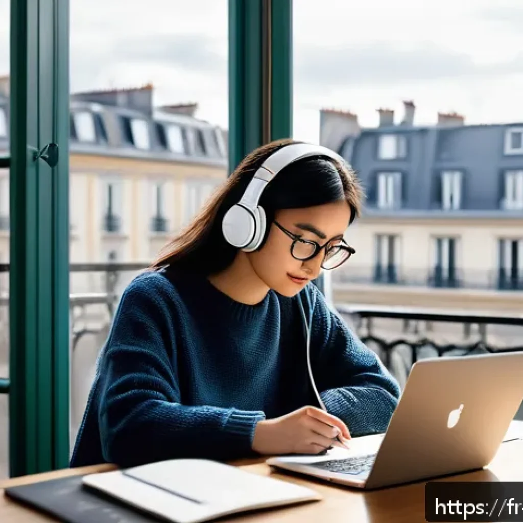 TOPIK 듣기 문제 유형 분석 - A cozy and quiet study corner in a modern French apartment, with a young adult woman wearing casual ...
