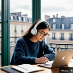 TOPIK 듣기 문제 유형 분석 - A cozy and quiet study corner in a modern French apartment, with a young adult woman wearing casual ...