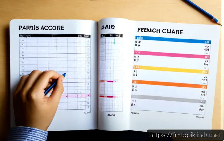 Home 17 TOPIK 점수 환산 기준 - Photorealistic overhead view of a French-speaking adult student at a bright Paris apartment desk, ca...