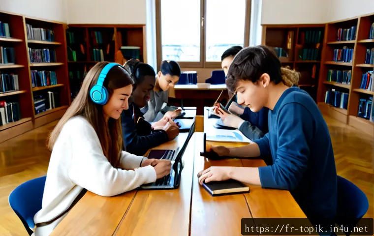 TOPIK 준비생들의 커뮤니티 활용법 - Photorealistic study group of diverse French young adults preparing for a Korean language proficienc...