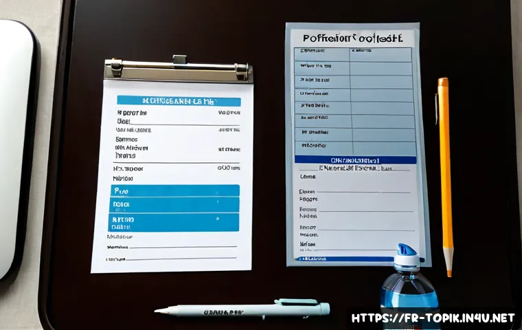 Home 17 TOPIK 실기 시험 체크리스트 - Photorealistic overhead flat lay of a Korean language proficiency test day checklist arranged on a c...